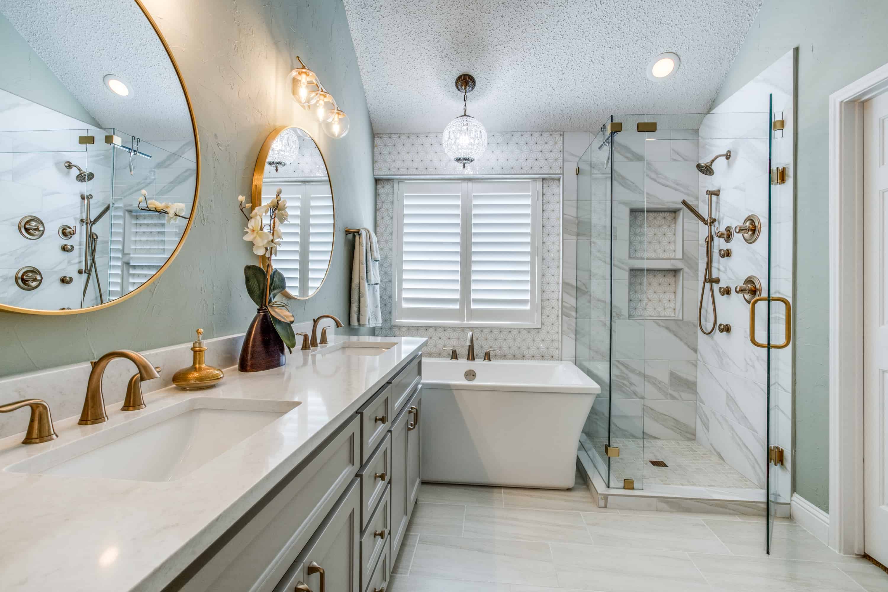 Luxury bathroom remodel with walk-in shower and freestanding tub